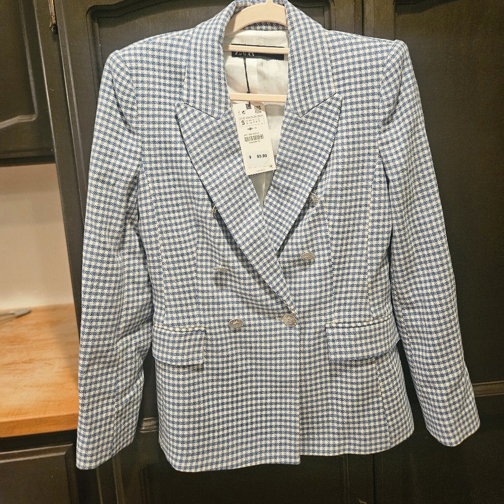 NWT Zara Blue & Cream Checked Lined W/Silver Buttons Tailored Blazer